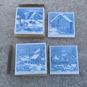 Vintage Currier And Ives Tile Trivet Coaster Set Blue Winter Scenes Homestead